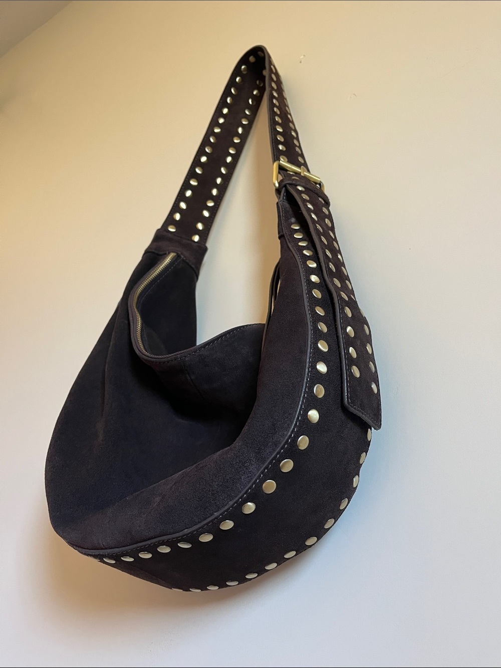 Studded Leather Hobo Bag in Dark Brown with Gold Accents